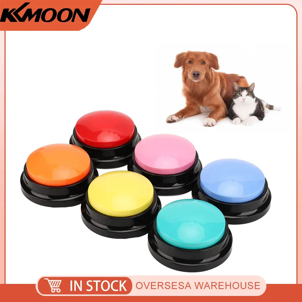 Dog record button talking buttons in various colors with dog and cat, designed for pet communication.