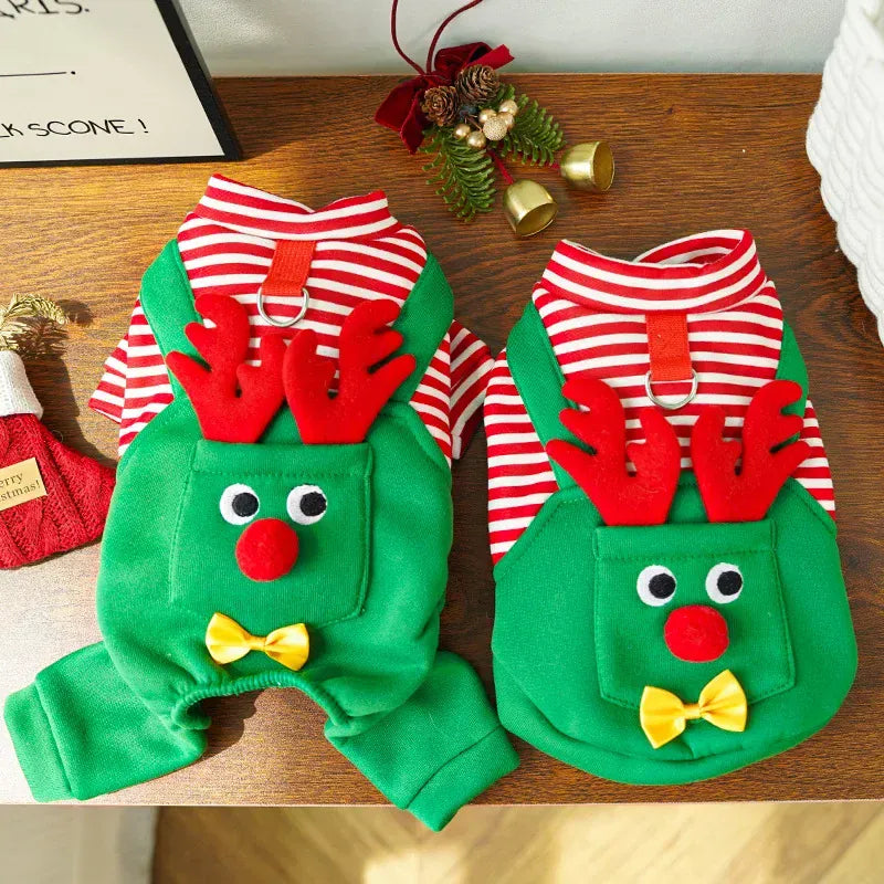 Christmas pet costume for cats featuring reindeer design, red and green outfit with cute accessories.