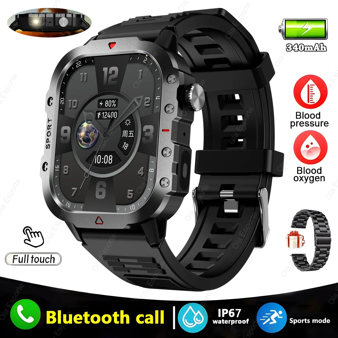 New For Huawei Xiaomi Military GPS Smart Watch Men Flashlight Compass Waterproof