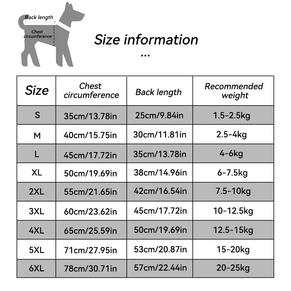 Size chart for flannel dog winter warm sweater showing measurements for small to 6XL sizes.