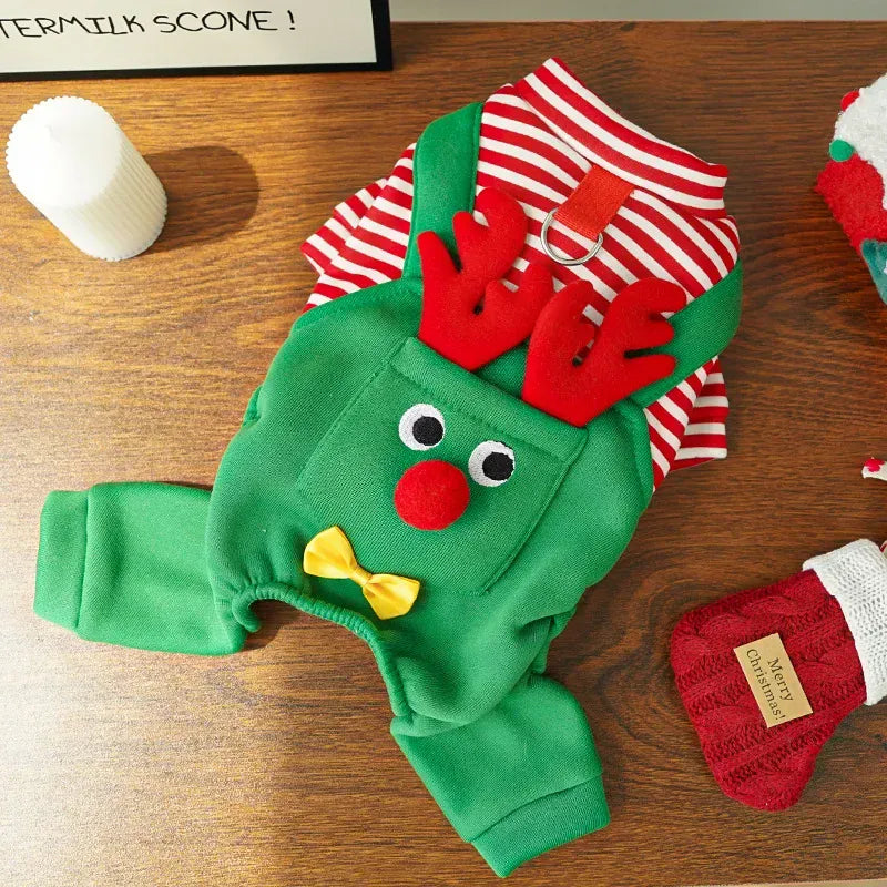 Christmas pet costume for cats featuring a festive reindeer outfit with red stripes and antlers.