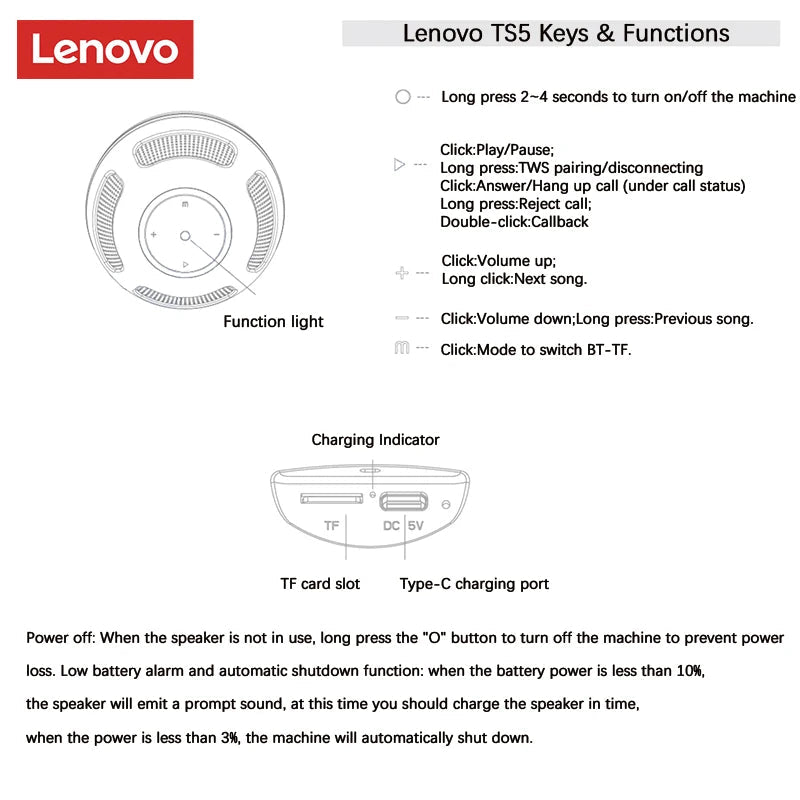 Choice Original Lenovo TS5 Bluetooth V5.3 Speaker Outdoor Long Endurance - Loja Manuel Coelho