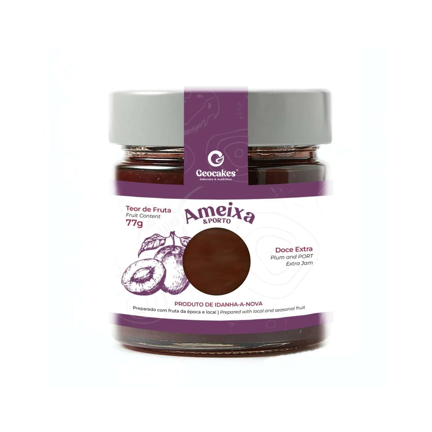 Frasco de vidro de doce de ameixa com Vinho do Porto.