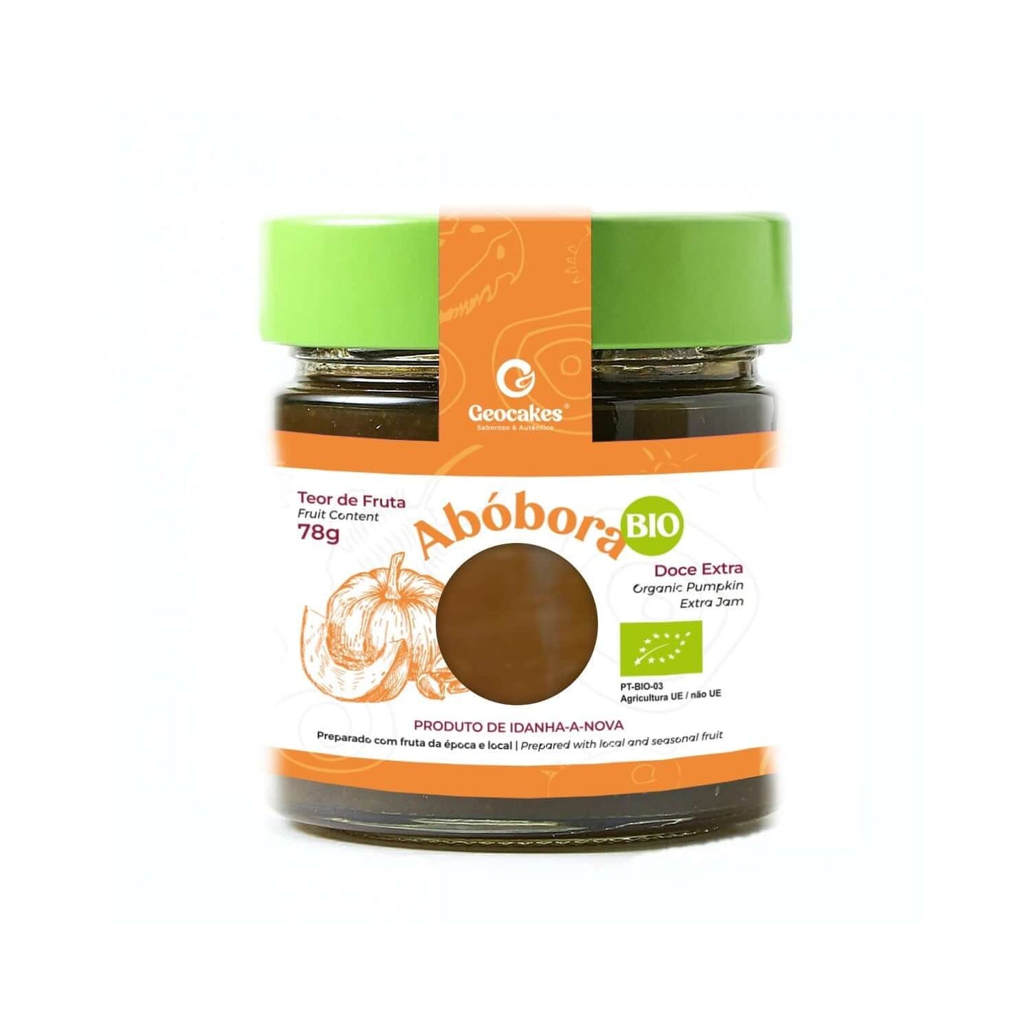 Frasco de doce de abóbora biológico com rótulo laranja e verde.