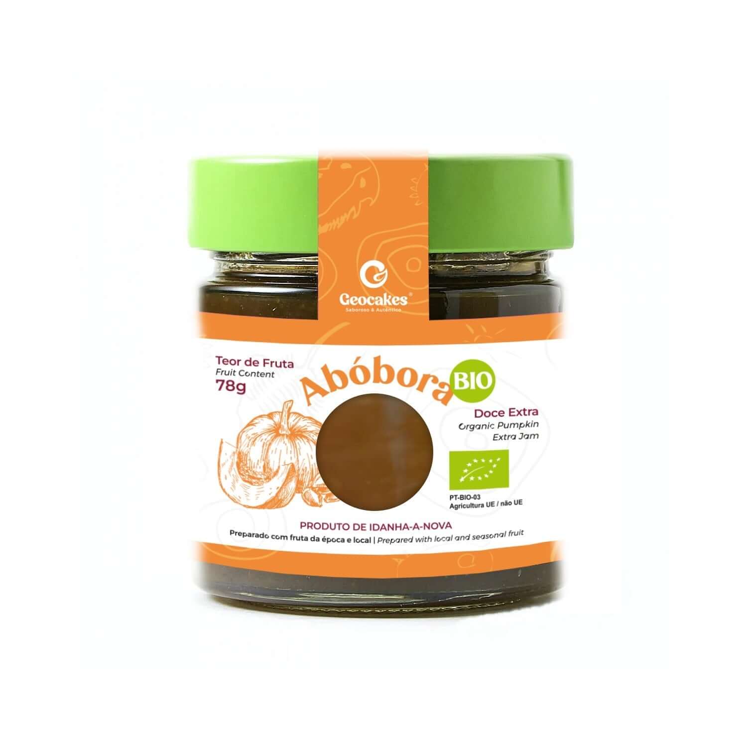 Frasco de doce de abóbora biológico com rótulo laranja e verde.