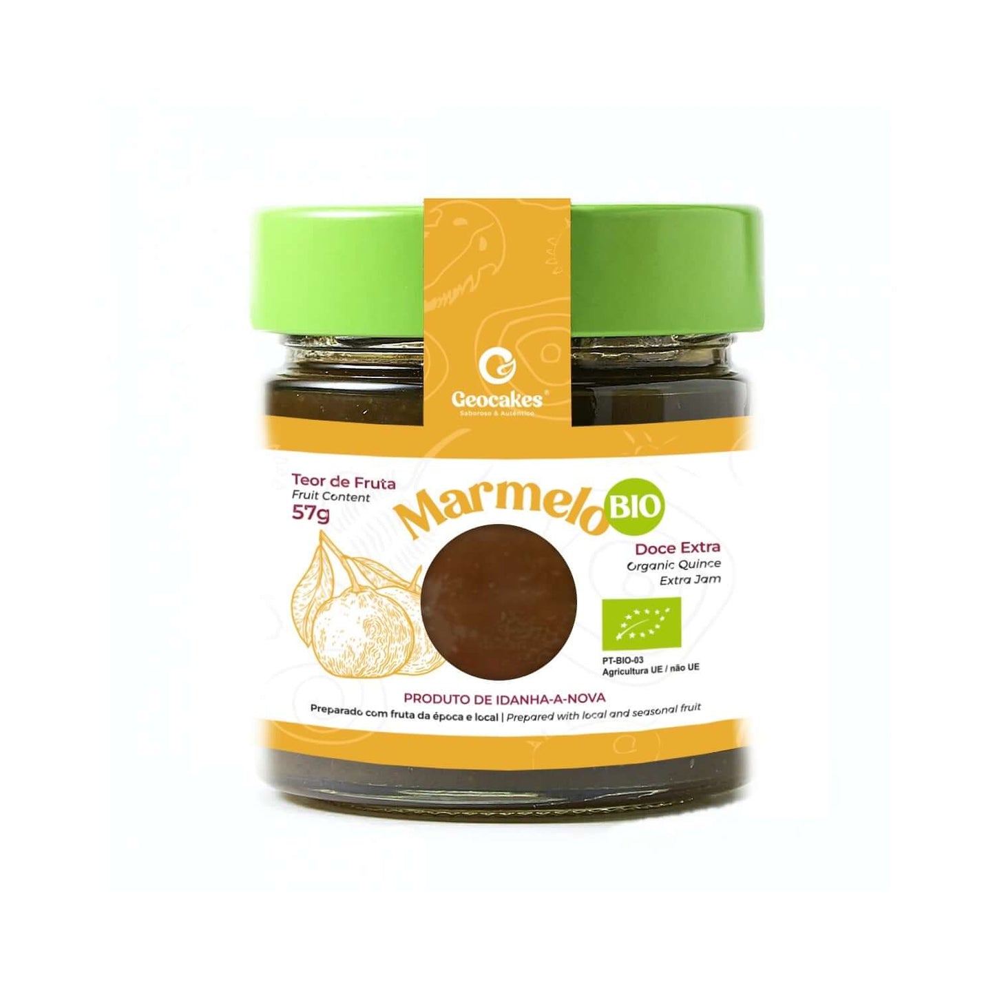 Frasco de doce de marmelo biológico com rótulo informativo.