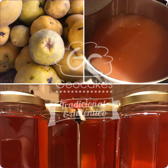 Geleia de marmelo biológica em frascos com fruta e calda em calda.