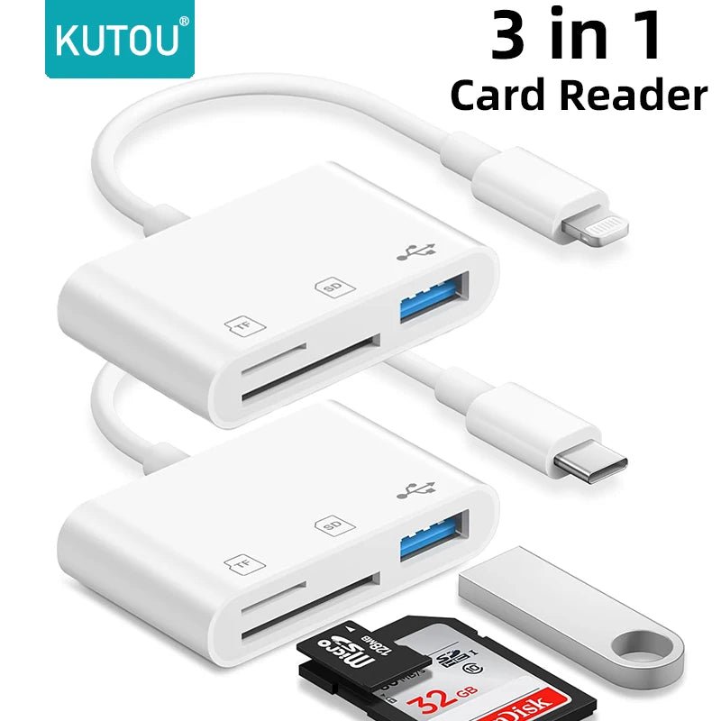 KUTOU 3 In 1 Adapter TF CF SD Memory Flash Card Reader USB Type C OTG - Loja Manuel Coelho