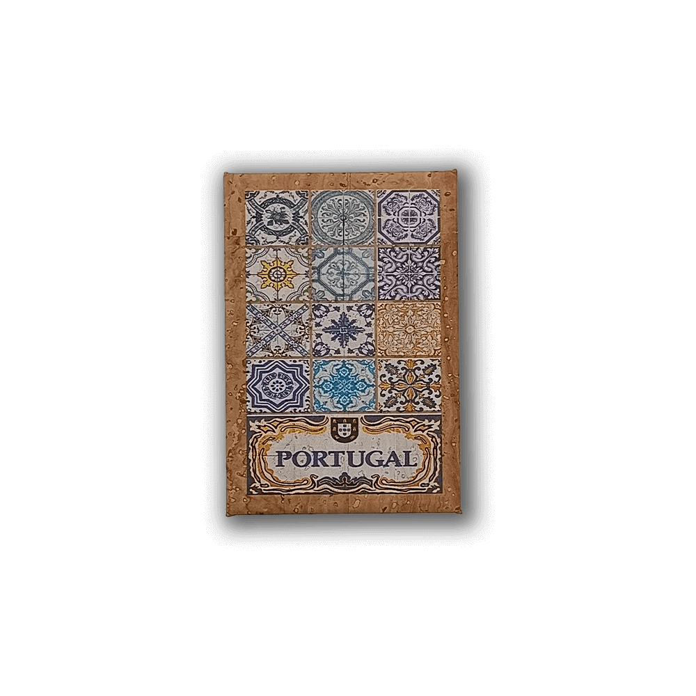 Íman de cortiça para frigorífico com padrão de azulejos portugueses e a palavra "Portugal".