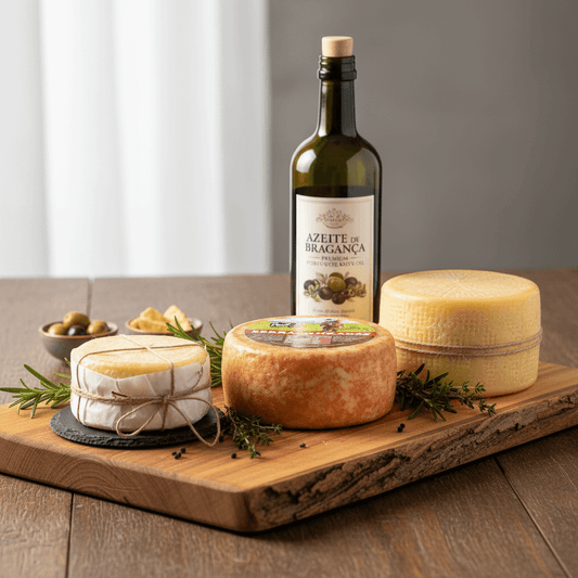 Pack de queijos portugueses com azeite em garrafa.