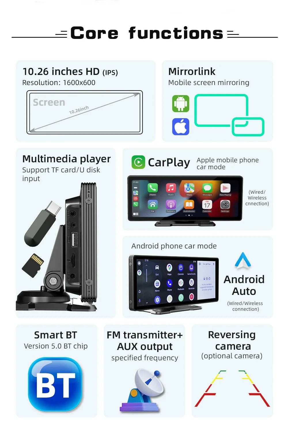 Portable Wireless Carplay Screen BQCC 10.26 Inch HD Rear Reversing Camera - Loja Manuel Coelho