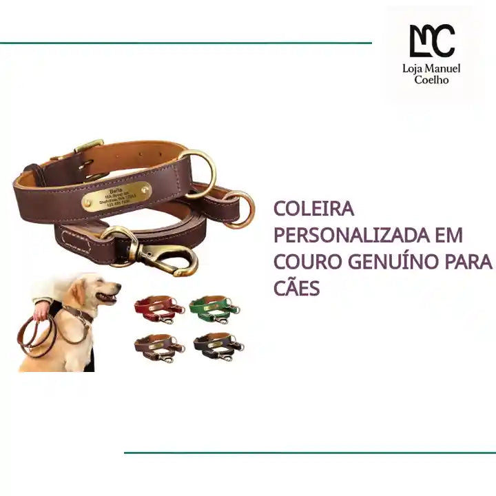 Coleira Personalizada em Couro Genu&iacute;no para C&atilde;es by@Outfy