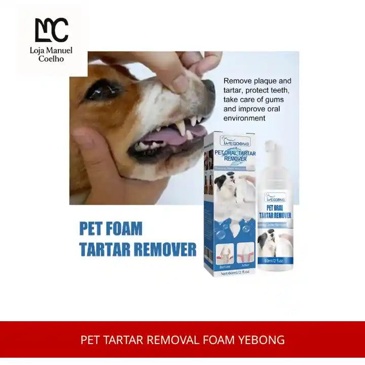 pet tartar removal foam Yebong with dog teeth cleaning and product packaging.