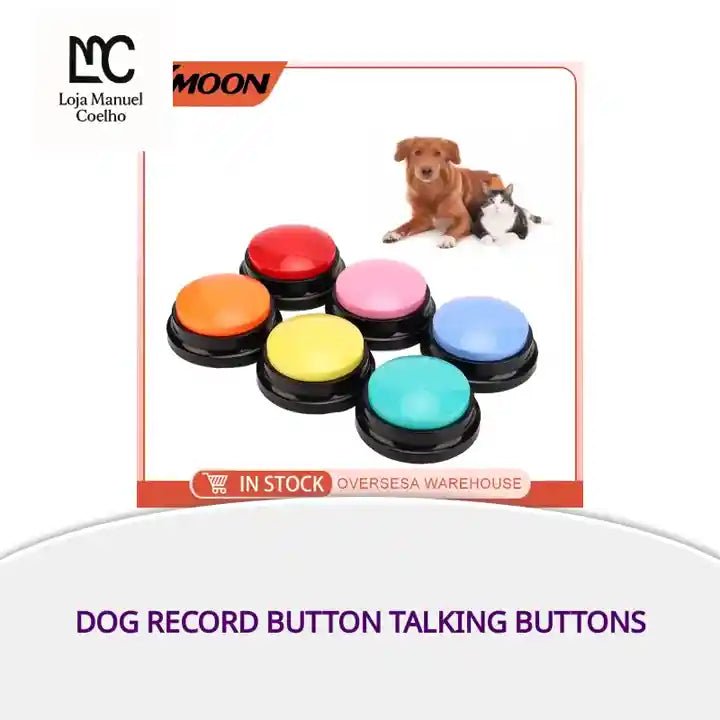 Dog record button talking buttons set with colorful buttons and a dog in the background.