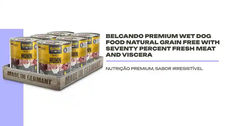 Belcando Premium Wet Dog Food Natural Grain Free With Seventy Percent Fresh Meat And Viscera cans displayed on a crate.