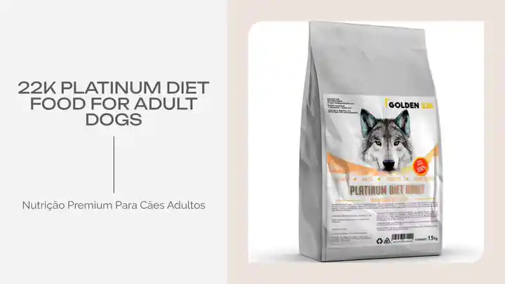 22k platinum diet food for adult dogs packaging with nutritional information and wolf illustration.