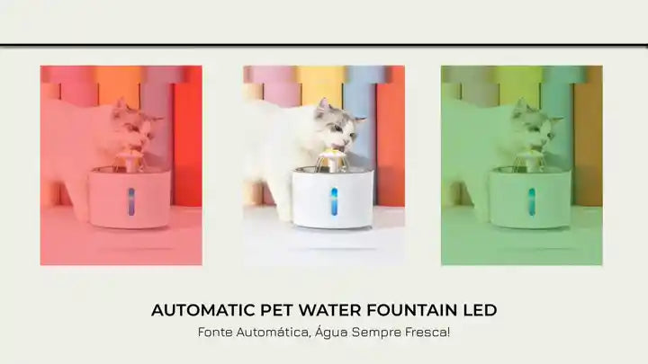 Three views of automatic pet water fountain LED with a cat drinking water.