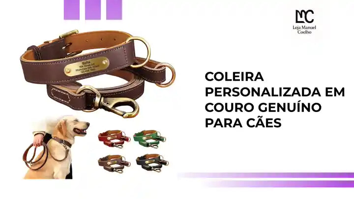 Coleira Personalizada em Couro Genu&iacute;no para C&atilde;es by@Outfy