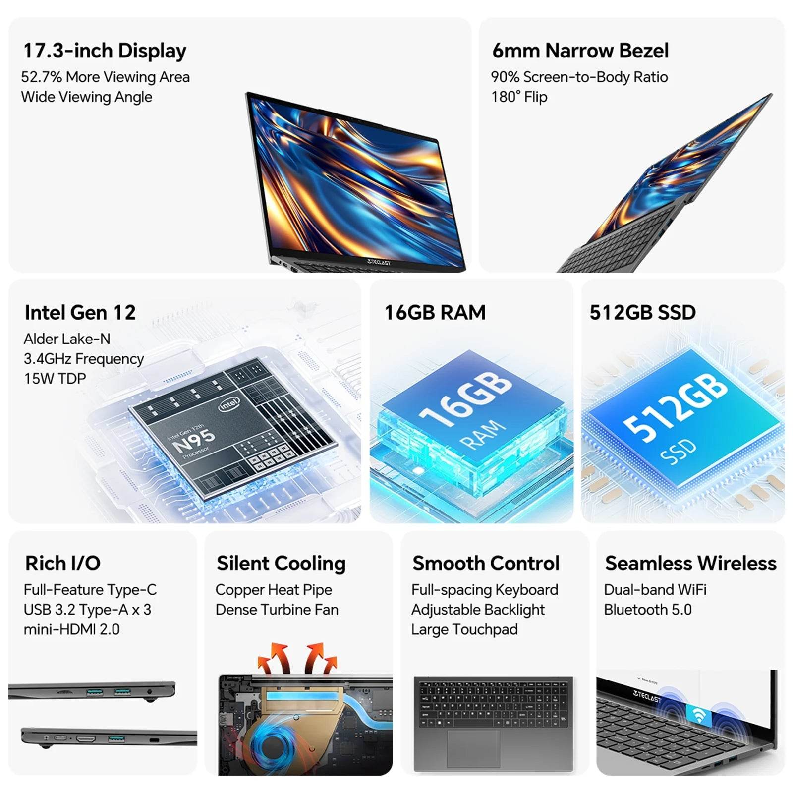 Teclast F17Plus 17.3 inch Laptop Intel N95 16GB RAM 512GB SSD Windows 11 Notebook - Loja Manuel Coelho