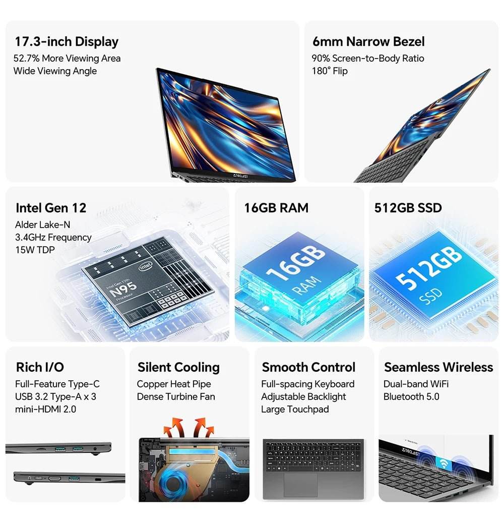 Teclast F17Plus 17.3 inch Laptop Intel N95 16GB RAM 512GB SSD Windows 11 Notebook - Loja Manuel Coelho