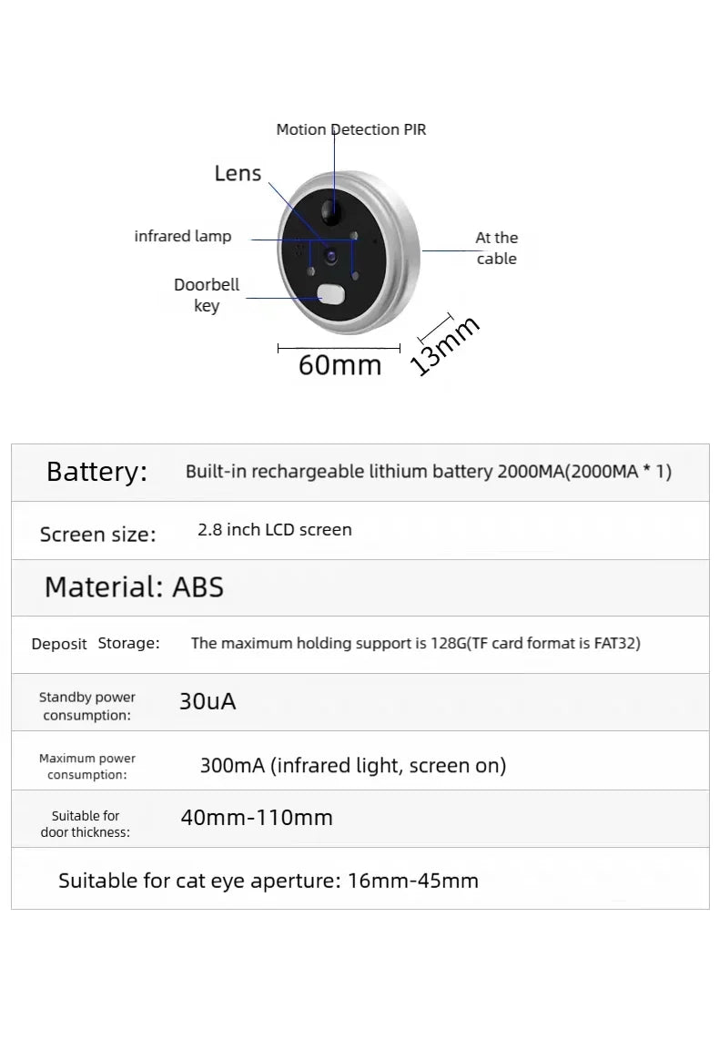 Yuezhe WiFi Smart Doorbell Peephole Camera with ICam365 APP 2000mAh - Loja Manuel Coelho